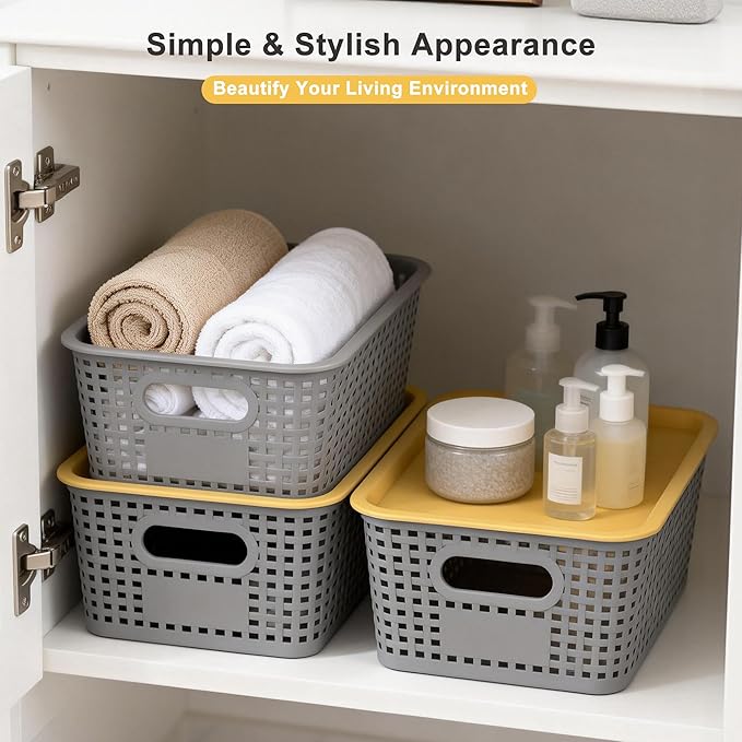 AREYZIN Plastic Storage Bins with Lid,Stackable Storage Bins and Storage Baskets for Shelves,Small Baskets for Organizing, Small Storage Bins,10.2x7.2x4.1 Inch,6-Pack, Gray