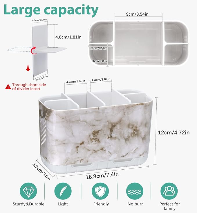 Boperzi Electric Toothbrush Holder for Bathroom Organizer Countertop, Detachable Anti-Slip Toothpaste Storage Caddy 6 Slots White Marble with Drainage Holes for Makeup Brush Razor Stand