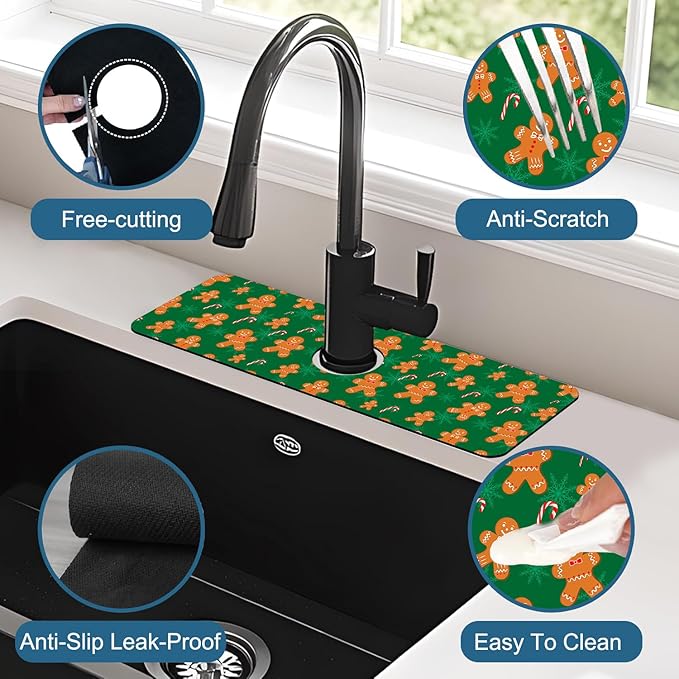 Christmas Gingerbread Man Sink Splash Guard Gingerbread Man Faucet Absorbing Mat Fast Drying Mat Sink Gadgets Splash Guard Behind Faucet Drip Catcher for Kitchen Bathroom, 15.5"x5.5"