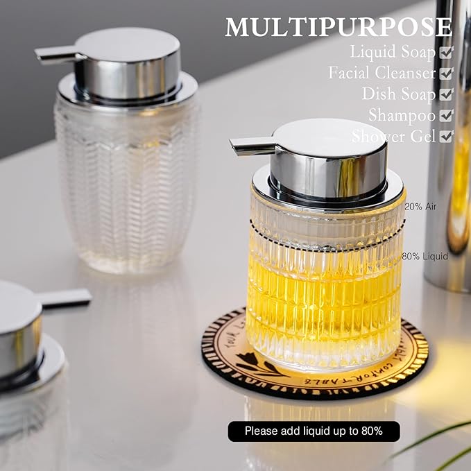 Foaming Hand Soap Dispenser, Glass Foam Soap Dispenser or Lotion Dispenser for Kitchen & Bathroom Refillable Liquid Soap Dispenser with Large Silver Pump(Striped Pattern-Clear)