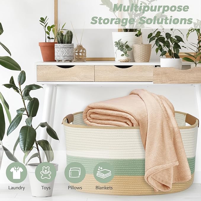 danpinera Large Woven Basket, 108L Rectangular Woven Storage Basket with Leather Handles, Stylish Organizer Bin for Home, Office, Laundry, Toys, or Blankets, 25’’*16’’*16’’ White & Green & Jute