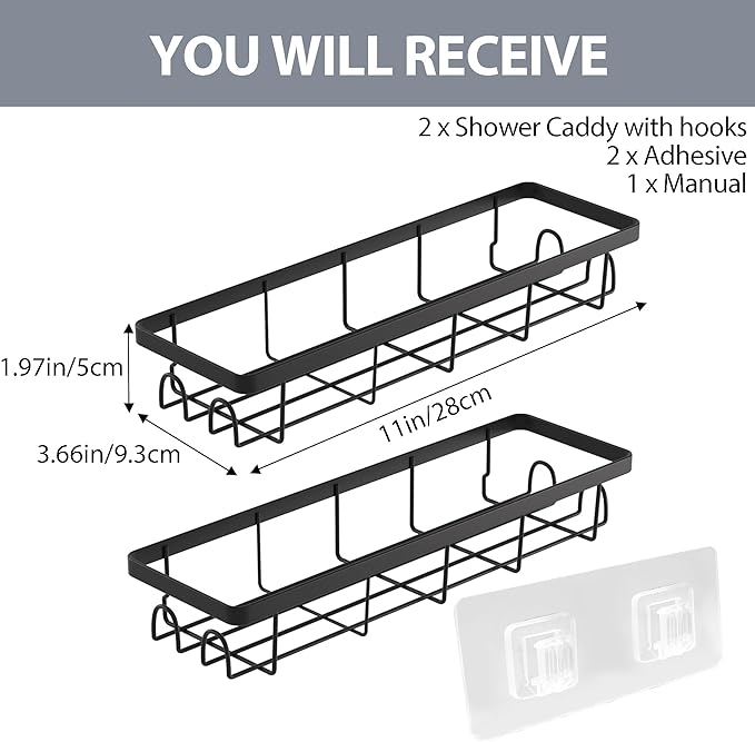 Uninol Shower Caddy Organizer with Hooks,Self Adhesive Bathroom Shelves,No Drilling Bathroom Organizers and Storage,Perfect for RV, Apartment, Home Decor,2 Pack Black