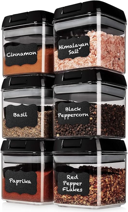 Shazo 6 PC Airtight Food Storage Containers + 6 Spoons - BPA Free Clear Plastic Snack & Spice Containers with Easy Lock Lids - Kitchen and Pantry Organization for Herbs, Coffee, Tea - 0.5L / 2.1 Cups