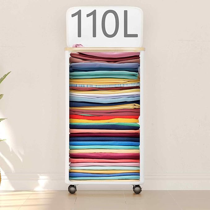 SUOCO Laundry Hamper on Wheels 100L, Clothes Basket with Lid and Bamboo Handles, Foldable Laundry Hamper for Bedroom, Bathroom, Dorm, Laundry Room - White
