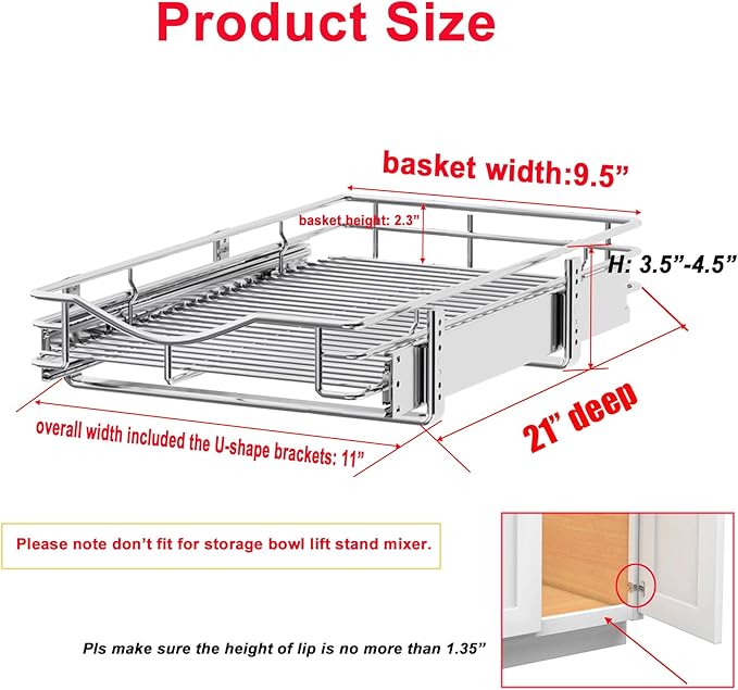 DINDON Pull Out Cabinet Organizer, (11" W x 21" D) Heavy-Duty Metal Sliding Drawer Shelf, Bathroom Under Sink Kitchen Cabinets Organizer and Storage Slide Out Shelves, Chrome, 1 Tier, 2 Pack
