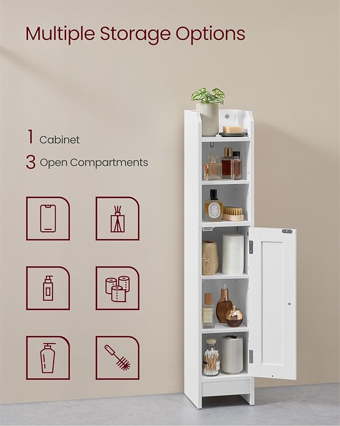 VASAGLE Small Storage Corner Floor Cabinet with Door, 7.9 x 7.1 x 36.2 Inches, Narrow Toilet Paper Storage Holder, Adjustable Shelves, for Bathroom, Living Room, Small Spaces, Cloud White UBBC311W01