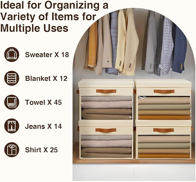 Large Storage Bins with Lids - 6 Pack Foldable Decorative Organizers with Clear Windows & Handles, Cube Storage Organizers for Clothes, Blankets, Sweaters, CD, Beige