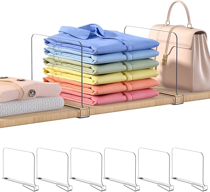 OKPOW Shelf Dividers for Closet Organization: 8" Tall X 12" Deep Acrylic Clear Sturdy Separators for Clothes Purse - Adjustable Easy Install Storage for Wood Cabinet Home Organizer Housewife 6 Pack