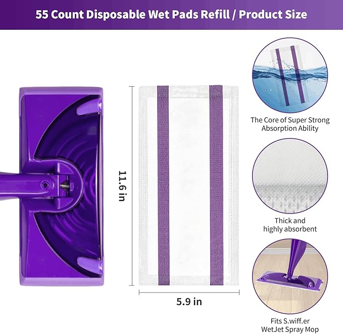 55 Count Wet Jet Pads Refills Compatible with Swiffer WetJet, Disposable Mop Pads for Multi-Surface Floors, Thick & Super Absorbent Wet Mop Refills for Hardwood, Tile, Laminate Cleaning