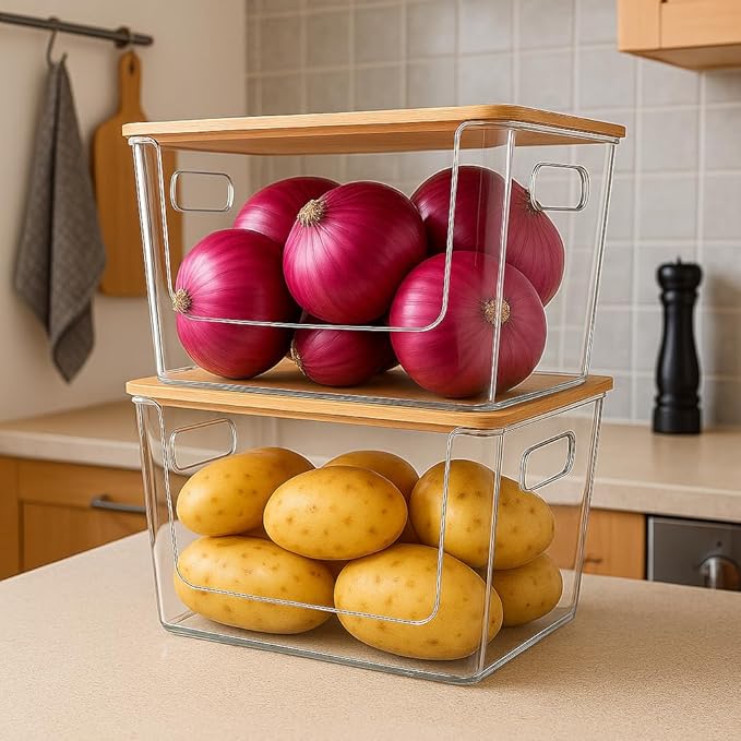 Trash Bag Holder with Bamboo Lid - Stackable Under Sink Organizer & Garbage Bag Dispenser for Kitchen Organization - Large Plastic Holder for Laundry Room, Pantry, Bathroom, Cabinets, 1 Pack