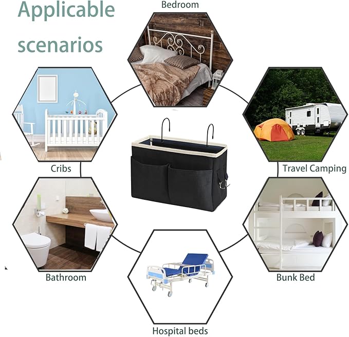 Someteth Bedside Caddy/Bedside Hanging Storage Bag Multi-Function Caddy for Bunk bed Hospital Beds Dorm Bed Rails, Holders Books Glasses Phones Magazine（2pc Black）