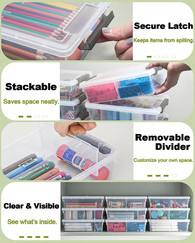 12 Pack Extra Large Pencil Box with Removable Divider, Thickened Pencil Case Bulk, Clear Crayon Marker Organizer Stackable Plastic Small Storage Containers for Pen Craft School Supplies, Multi