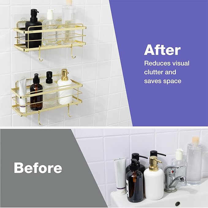 KINCMAX Premium Shower Caddy - 2-Pack Adhesive Organizer - No Drill Bathroom Shelves - Rustproof Stainless Steel for Inside Shower Shampoo Holder Storage Rack - Gold