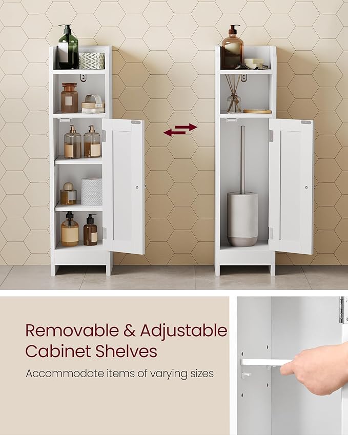 VASAGLE Small Storage Corner Floor Cabinet with Door, 7.9 x 7.1 x 31.5 Inches, Narrow Toilet Paper Storage Holder, Adjustable Shelves, for Bathroom, Living Room, Small Spaces, Cloud White UBBC310W01