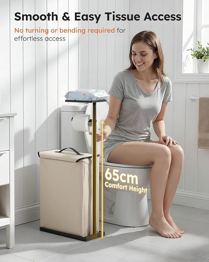 SOLEDI Freestanding Toilet Paper Holder Stand,Bathroom Toilet Paper Storage Organizer with Lid for up to 12 Rolls,Featuring Shelf and Sturdy Metal Base,Beige