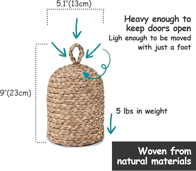 PEMAR Natural Wicker Door Stopper with Handle, Decorative Door Stop, Heavy Indoor Doorstop, Rustic Farmhouse Blocker Jammer 5.1''D x 7.5''H (Seagrass)