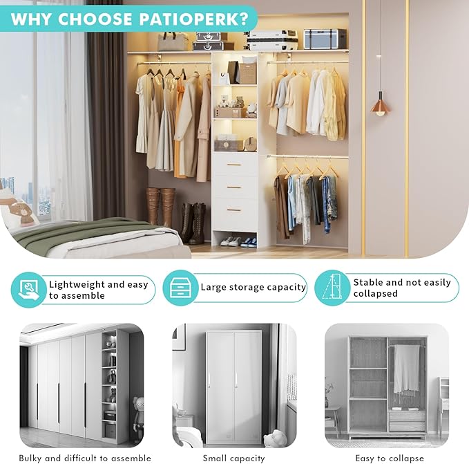 Walk in Closet Organizer System - with 3 Extendable Hanging Rods, Built-in Garment Rack with 6 Shelves, Wall Mounted Clothes Organizers Storage Systems for Bedroom