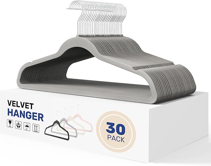 YSSOA 30 Packs Velvet Hangers, Non Slip Space Saving Suit Hangers, Heavy Duty Clothes Hangers with 360° Rotatable Hook for Coats, Pants, Grey