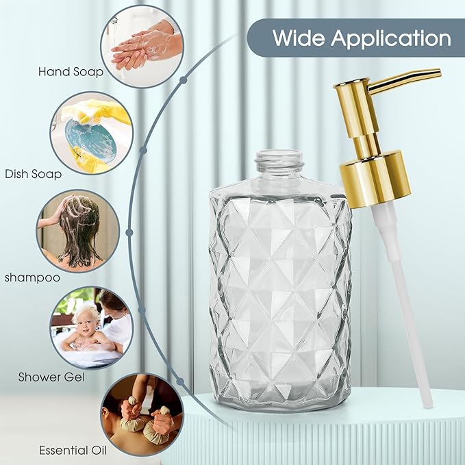 Topsky 2pcs Glass Soap Dispenser with Plastic Pump,330ml Liquid Hand Soap Dispenser,Rustproof Pump for Kitchen & Bathroom,Great for Lotions,Essential Oil,Liquid Soaps,Clear