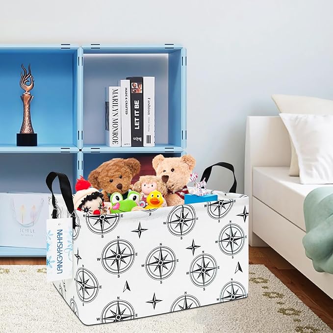 LANGYASHAN Rectangular Storage Bin Collapse Canvas Fabric Cartoon Storage Basket with Handles for Organizing Home Kitchen Boys and Girls Toys Office Closet Shelf Baskets (Rec Black Compass)