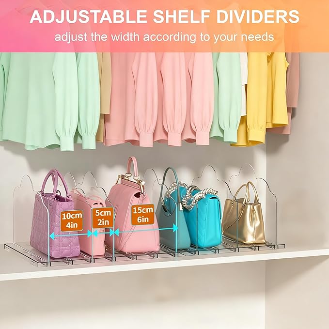 ANTOWIN 2 Pack Purse Organizers for Closet, Clear Adjustable Shelf Divider, Handbag Separators Storage Organizer, Shelf Divider in Bedroom, Office, Easy to Install and Clean
