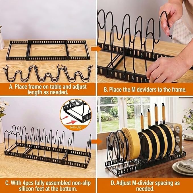 Pot and Pan Organizer Rack for Cabinet, Expandable Pot Lid Organizer Holder with 12 Adjustable Compartment for Kitchen Cutting Board, Pan Lid, Cabinet Cookware Baking