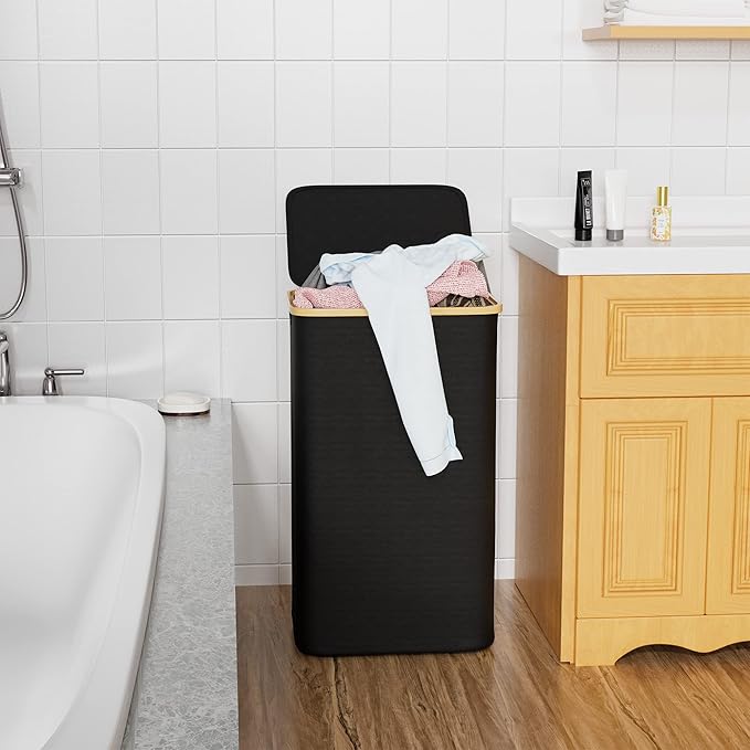 SUOCO Laundry Basket with Lid, 29 Gal (110L) Clothes Hamper with Bamboo Handles, Large Foldable Laundry Hamper for Bedroom, Bathroom, Dorm, Laundry Room - Black