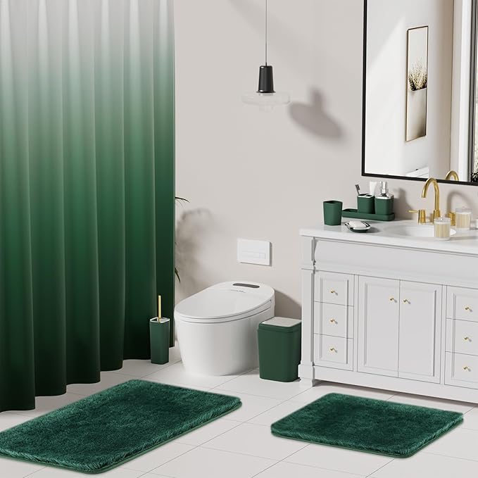 Dark Green Bathroom Accessories Set with Shower Curtain and No-Slip Bath Rugs,24PC Bath Sets with Trash Can, Toothbrush Holder, Cup, Soap Dispenser, Tray, Soap Dish, Toilet Brush, Qtip Holders