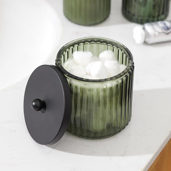 4PCs Heavy Weight Decent Glass Bathroom Accessories Set with Decorative Pressed Pattern - Includes Soap Dispenser, Lidded Cotton Jar, Tumbler and Soap Dish(Olive Green)