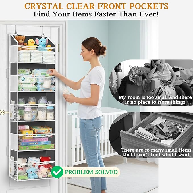 Ofiray-home 2 Pack Over Door Organizer with 5 Large Pockets, 5 Transparent Front Pockets & 10 Mesh Side, 50 lbs Weight Capacity Hanging Storage for Toys, Shoes, Diapers, Pantry
