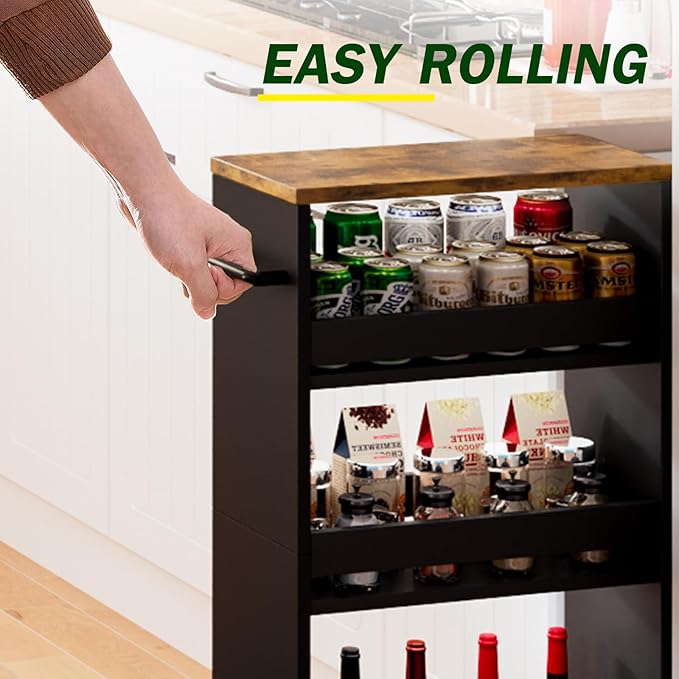 TEAMIX 4 Tier Slim Storage Cart with Handle, Slide Out Storage Rolling Utility Cart Mobile Shelving Unit Organizer Trolley for Small Spaces Kitchen Laundry Narrow Places (Black+Brown, 7-7/8'' W)