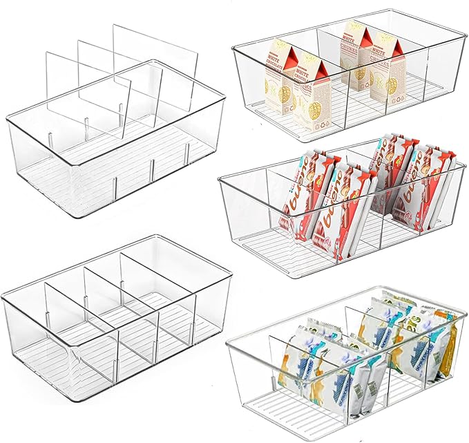 5 Pack Pantry Organizers and Storage,Clear Plastic Bins for Kitchen,Fridge,Drawer Organization and Storage,4 compartment Snack Containers for Spice Packets,Tea bag