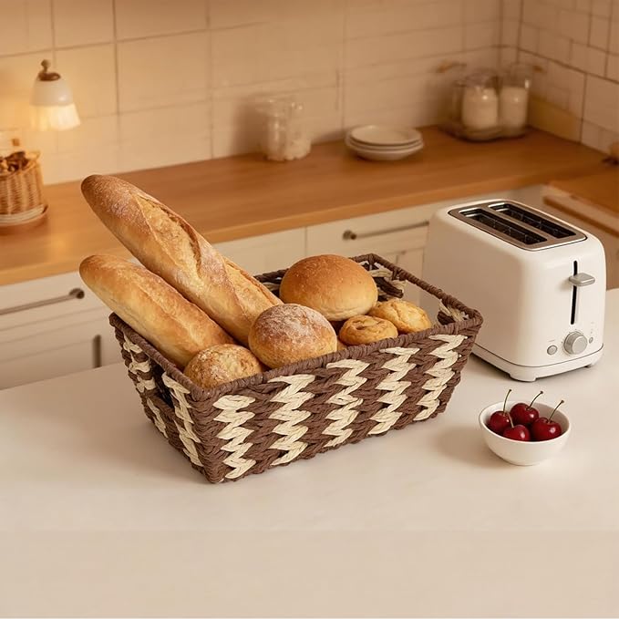 Paper Rope Storage Baskets for Shelves Organizing, Small Hand Woven Wicker Organizer Basket with Handle for Bathroom Toilet Paper Storage, Beige and Brown, 3-Pack