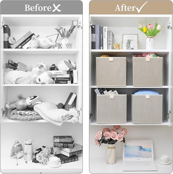 Storage Baskets, 11.8-Inch Woven Fabric Bins, Storage Cubes with Reinforced Handles, Organizer Bins for Closet Shelves, Foldable, for Toys, Clothes, Natural Beige (4PCS/Beige-11.8*11.8*11.8inch)