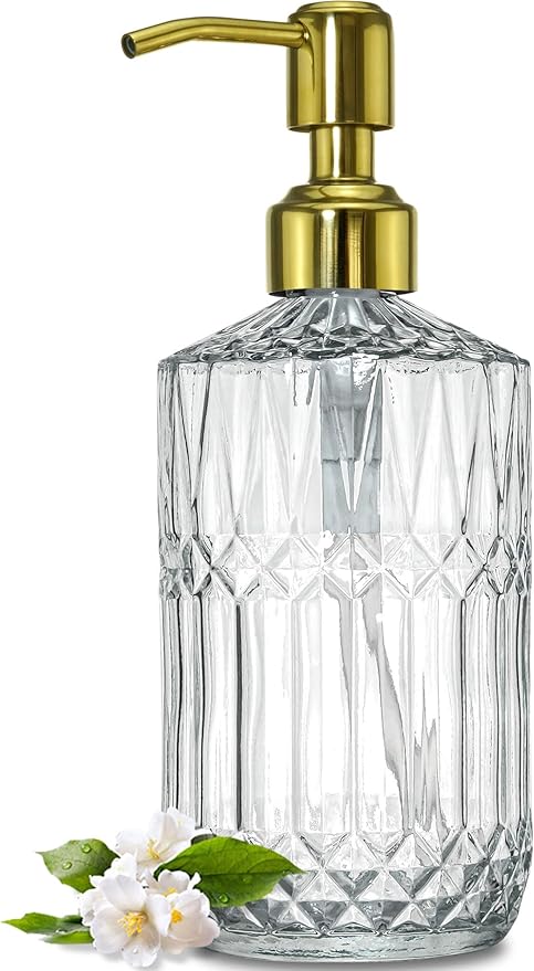 JASAI 18Oz Dazzling Clear Glass Soap Dispenser with Golden Pump for Bathroom, Refillable Kitchen soap Dispenser for Dish Soap, Bathroom Soap Dispenser for Hand Soap, Lotion.(Golden)