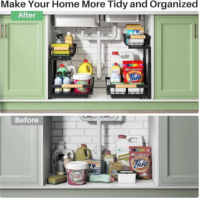 2 Tier Under Sink Storage & Organisation, Under Bathroom Cabinet Storage, Kitchen Sink Organiser Rack, Multi-purpose Under Sink Shelf Organizer- (Black) Set of 2
