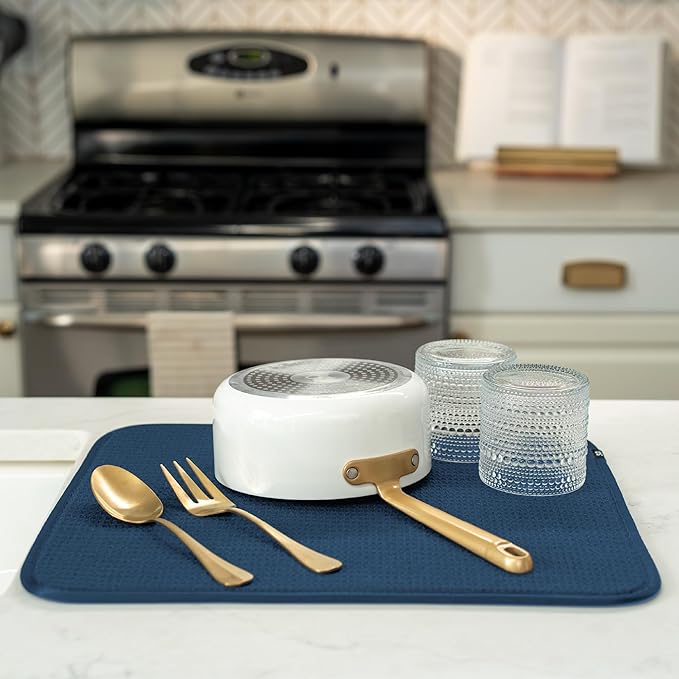 S&T INC. Dish Drying Mat, 16” x 18”, Absorbent Microfiber Kitchen Counter Mat, Dish Drying Pad for Dishes, Utensils, Pots and Pans, Large, Navy