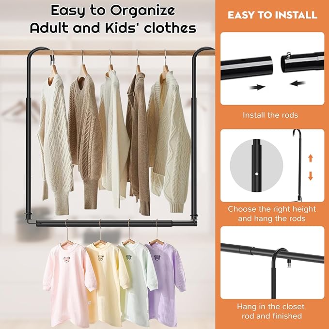 Hanging Closet Rod Adjustable Width Height Closet Rods For Hanging Clothes Black Closet Extender Hanging Rod Clothes Space-Saving Hanging Bar Organizer