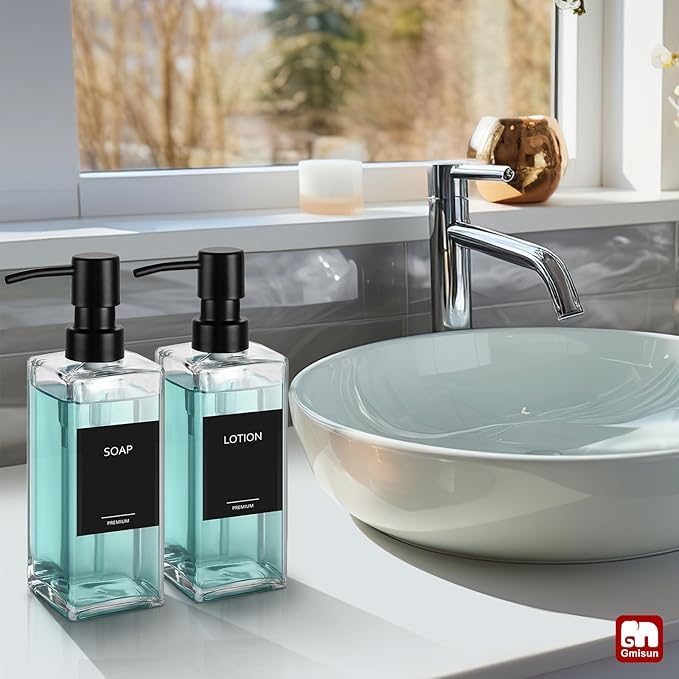 GMISUN Glass Soap Dispenser with Stainless Steel Pump, Clear Hand Soap Dispenser for Bathroom, 12 fl oz/350ml Refillable Dish Dispenser for Kitchen, Modern Liquid Soap and Lotion Bottle for Countertop