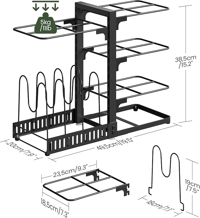 pots and Pans Organizer Under Cabinet, Pot and Pan Organizer Rack, Two-Sided Cookware Holder with Lid Storage, Adjustable Pan Organizer, Pot Holders, for Kitchen, Black TPR40BB