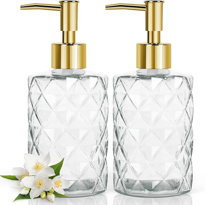 Topsky 2pcs Glass Soap Dispenser with Plastic Pump,330ml Liquid Hand Soap Dispenser,Rustproof Pump for Kitchen & Bathroom,Great for Lotions,Essential Oil,Liquid Soaps,Clear