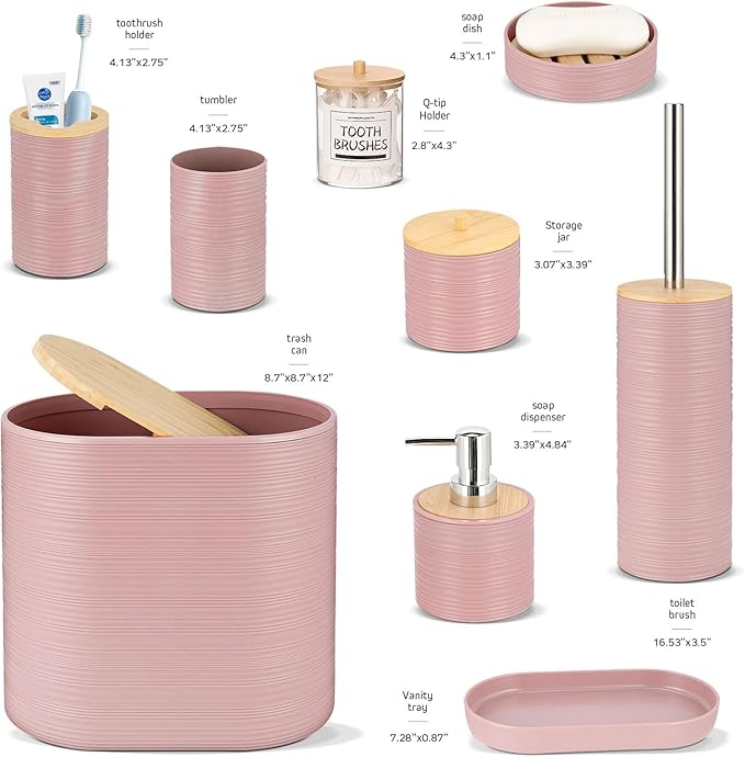 IMAVO Bathroom Accessory Set-11Pcs Pink Bathroom Accessories Set with Trash Can,Soap Dispenser,Soap Dish,Toothbrush Holder,Toothbrush Cup,Toilet Brush Holder,Qtip Holder Dispenser with Labels