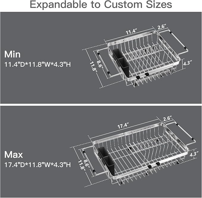 Small Expandable Over The Sink Dish Drainer Drying Rack In Stainless Steel Metal For Kitchen, Counter Space Saving Compact Above Plate Dryer Strainer, Adjustable Hanging Inside Sink Wire Drain Holder