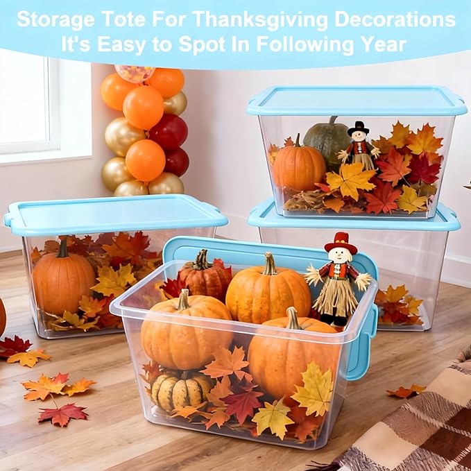 Storage Totes with Lids - Made in USA 14.5-Gallon (58-Quart) 4-Pack storage bins with lids plastic storage containers large storage boxes for Organizer Sky Blue/Clear