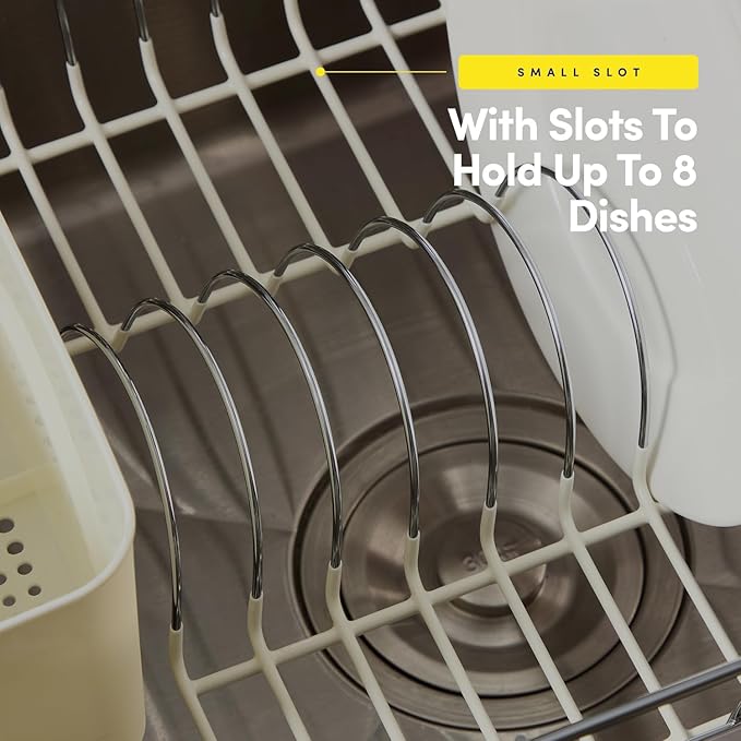 Dish Drying Rack & Cutlery Holder 2 Piece Set - Compact Sink-Fitting Dish Drainer with Rubberized Undercoating, Space-Saving Kitchen Organizer for Plates, Cups, Bowls & Utensils in Sink, Ivory