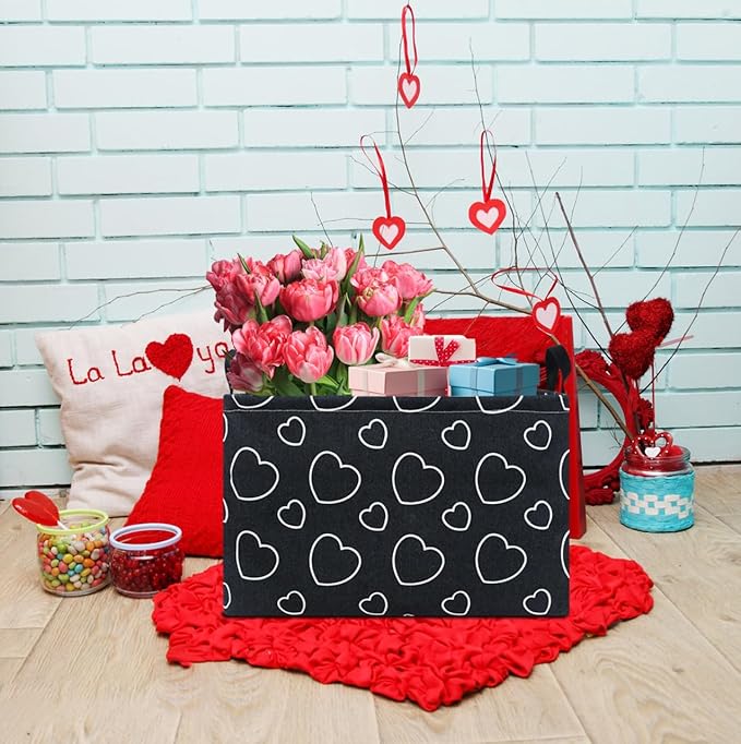 Rectangular Black Storage Basket Empty,Collapsible Gift Basket with Handles,Heart Print Basket for Kids Toys/Books Box,Room Decor(Black Love)