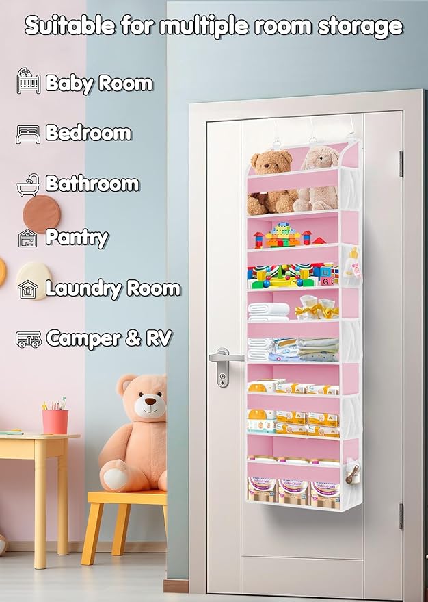 Pink Over the Door Organizer - 5-Tier Hanging Storage with Clear PVC Windows & 10 Mesh Pockets, Cute Closet Organizer for Makeup, Perfume, Toys, Perfect Pink Room Decor for Girl