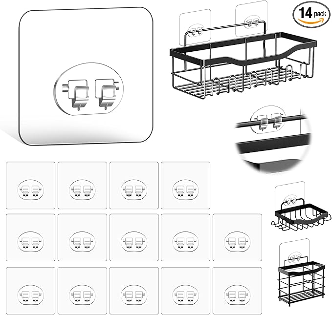 14 Pack Shower Caddy Adhesive Replacement, Waterproof Strong Hooks for Shower Caddy, No Drilling Bathroom Storage Shelves, Soap Holder, and Kitchen Racks (Clear 1 Hooks)