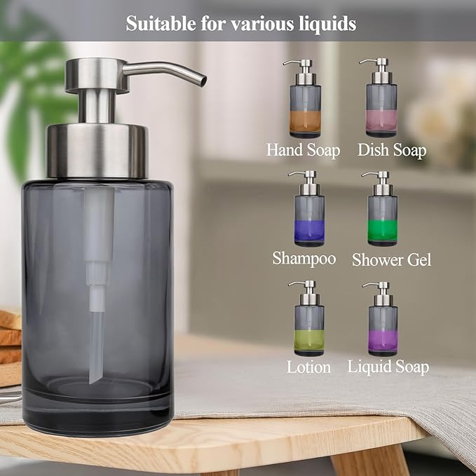 Glass Soap Dispenser 2Pack,12oz Thick Glass Grey Hand Liquid Soap Dispenser Bathroom