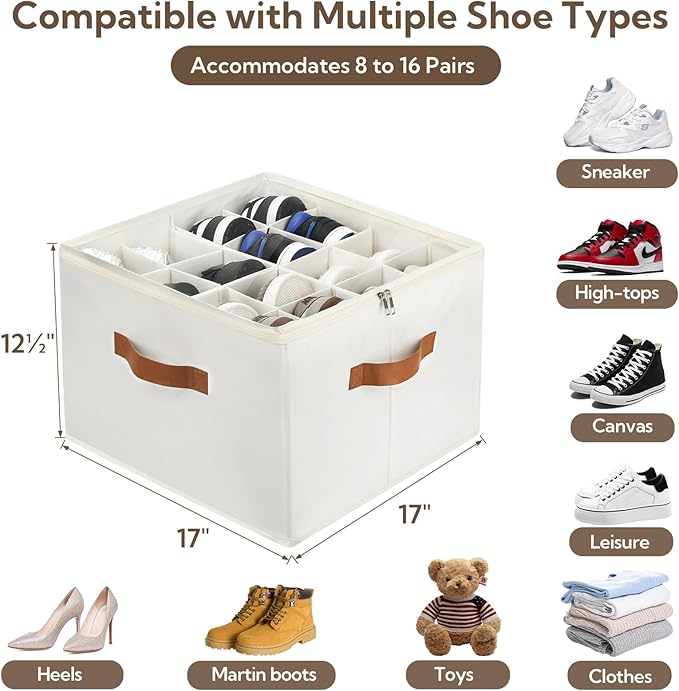 2 Pack Shoe Organizer for Closet, Foldable Shoe Storage Bins with Clear Cover and Adjustable Dividers, Fits up to 16 Pairs, Large Shoe Box Storage Containers with Reinforced Handles (Beige)